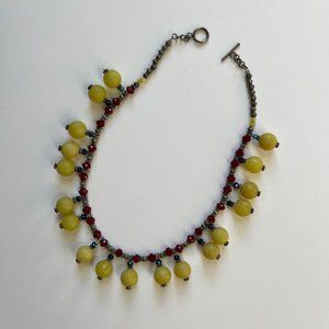 VTG Handmade Beaded Necklace with Yellow Green, Red, Blue, and Silver Accents